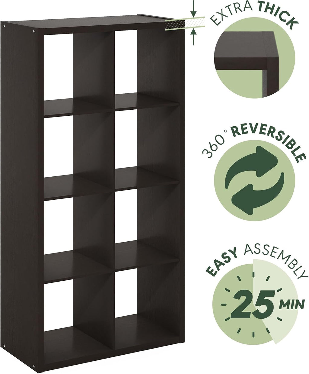 8-Cube Bookshelf, Reversible Open Storage Bookcase, Modern Display Organizer Shelf for Living Room, Bedroom & Home Office