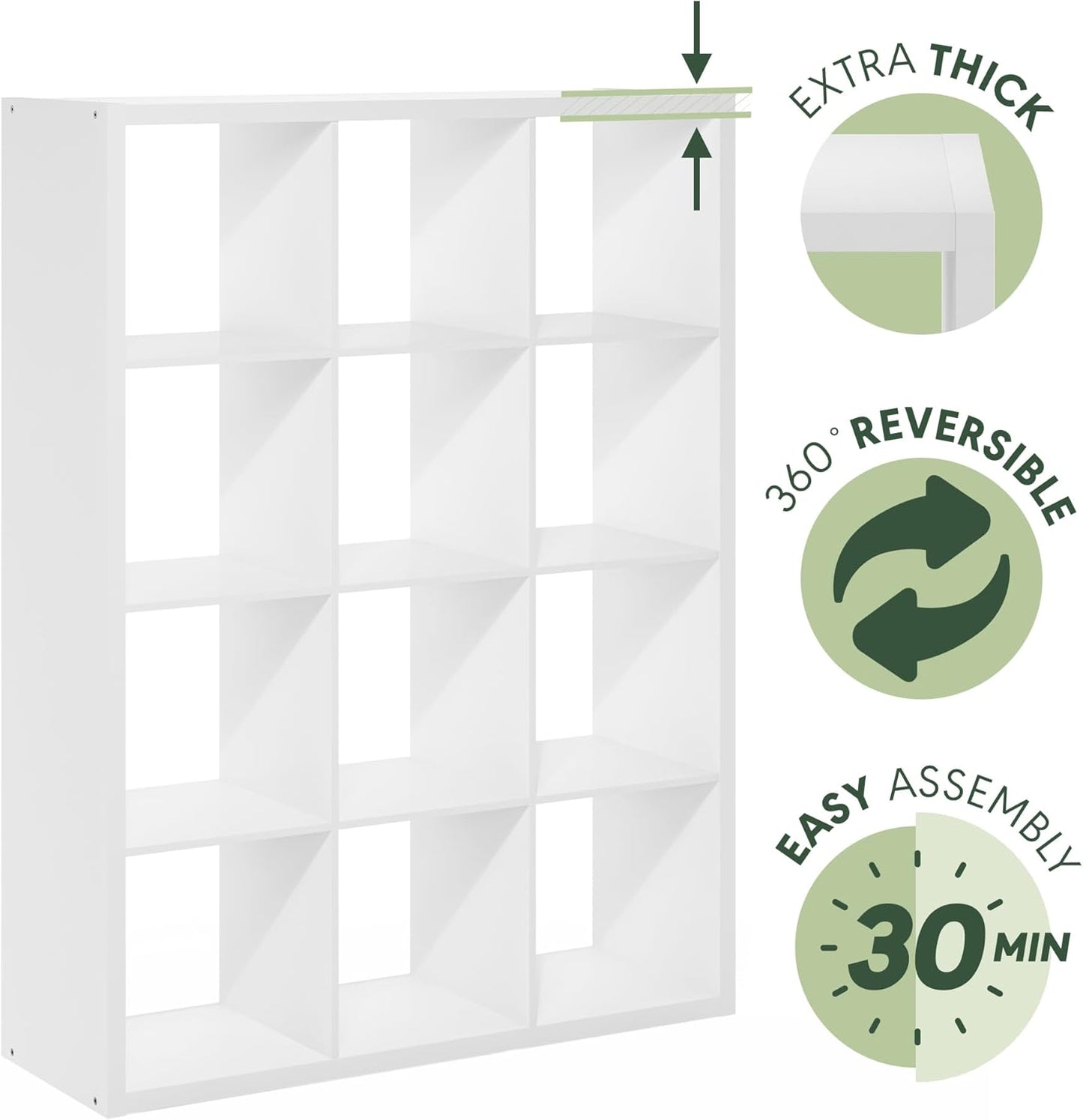 12-Cube Bookshelf, Reversible Open Display Bookcase, Modern Large Storage Organizer Shelf for Living Room, Bedroom & Home Office