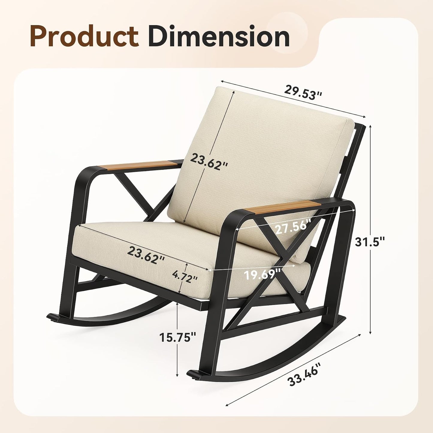 Outdoor Rocking Chair, Ergonomic Patio Rocker with Cushions, Heavy-Duty Steel Frame Rocking Chair for Balcony, Porch & Garden