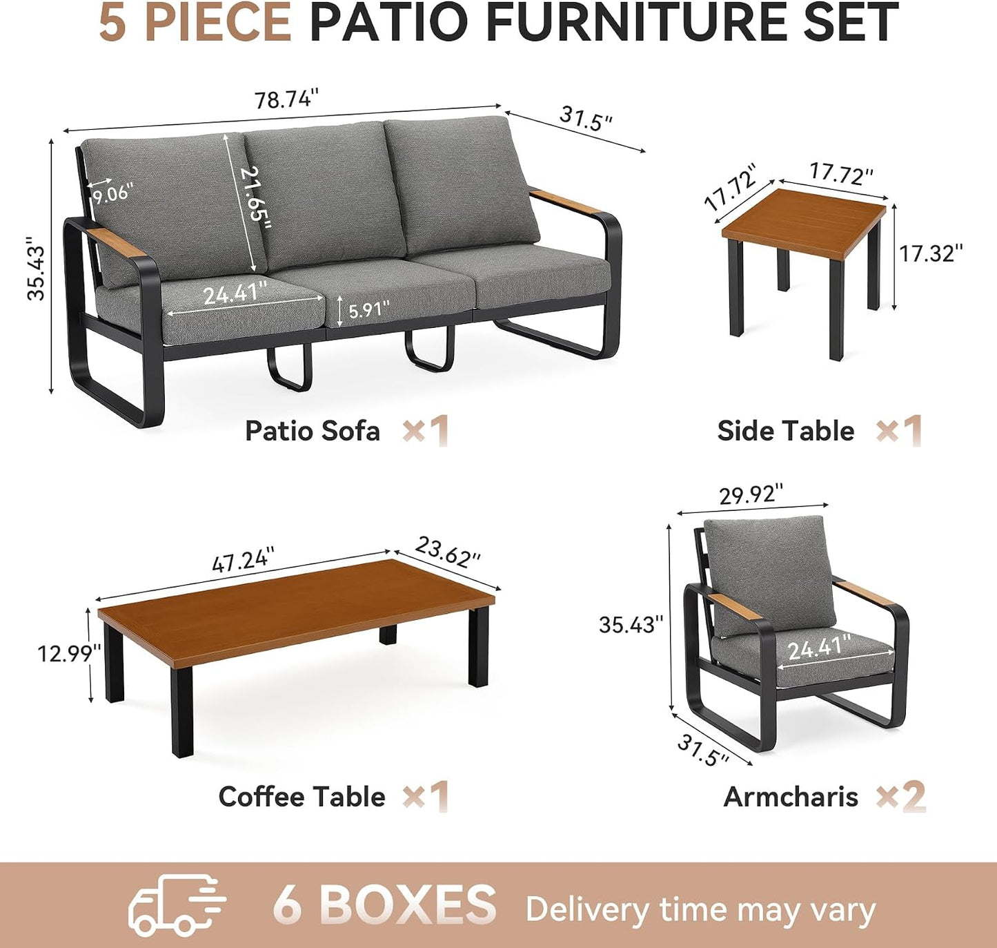 5-Piece Outdoor Patio Furniture Set with Sofa, Armchairs, Coffee Table & Side Table, Modern Metal Frame Conversation Set for Garden, Backyard & Poolside