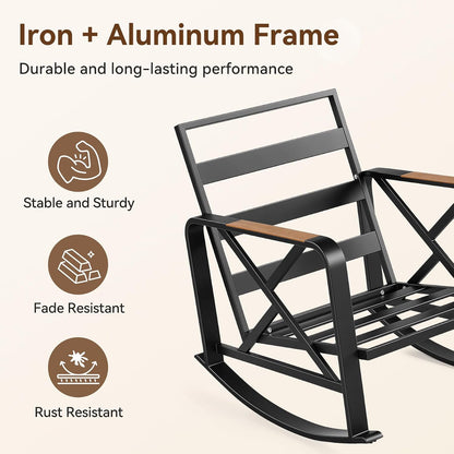 Outdoor Rocking Chair, Ergonomic Patio Rocker with Cushions, Heavy-Duty Steel Frame Rocking Chair for Balcony, Porch & Garden