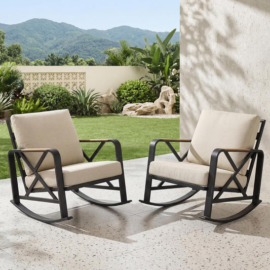 Outdoor Rocking Chair, Ergonomic Patio Rocker with Cushions, Heavy-Duty Steel Frame Rocking Chair for Balcony, Porch & Garden