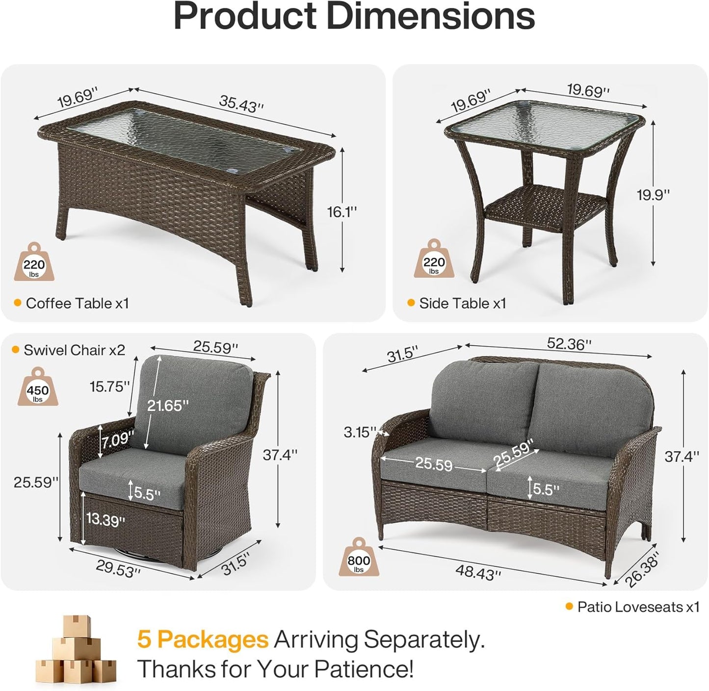 5-Piece Outdoor Patio Furniture Set with Swivel Chairs & Loveseat, Wicker Conversation Set with Coffee Table for Garden, Backyard & Poolside