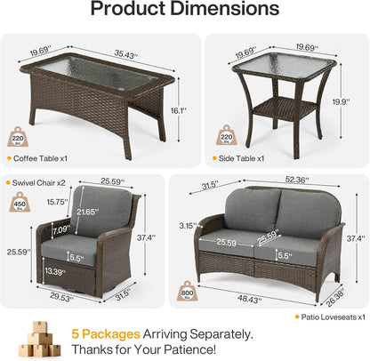 5-Piece Outdoor Patio Furniture Set with Swivel Chairs & Loveseat, Wicker Conversation Set with Coffee Table for Garden, Backyard & Poolside