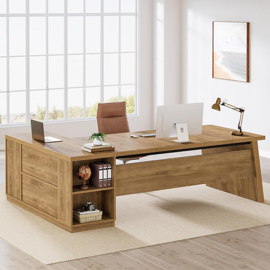 L Shaped Executive Desk with Storage Drawers, Large Office Desk with Shelves for Home Office & Workspace