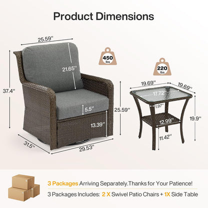 3-Piece Outdoor Patio Set with 360° Swivel Rocking Chairs & Glass Side Table, All-Weather Rattan Furniture Set for Garden, Backyard & Poolside
