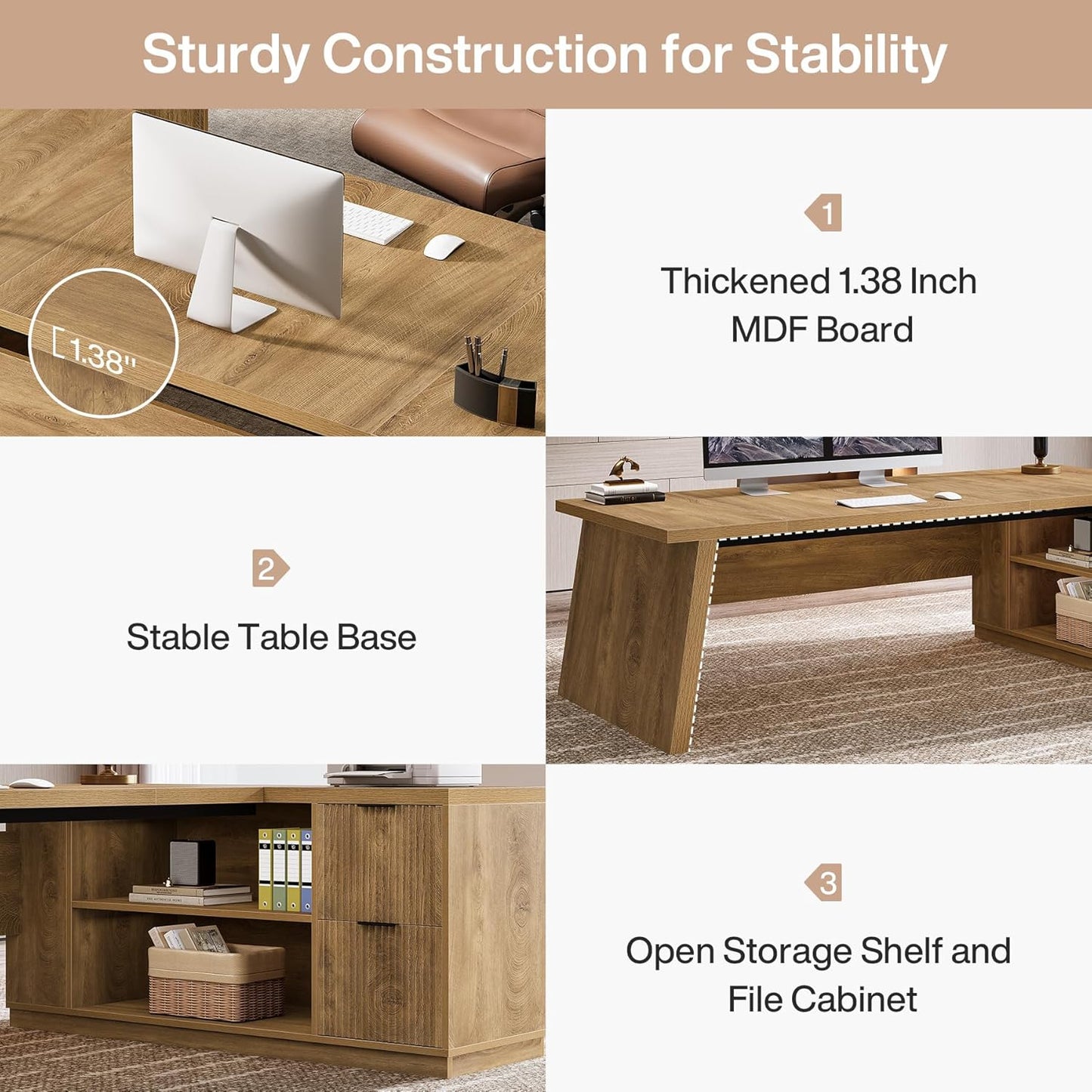 L Shaped Executive Desk with Storage Drawers, Large Office Desk with Shelves for Home Office & Workspace