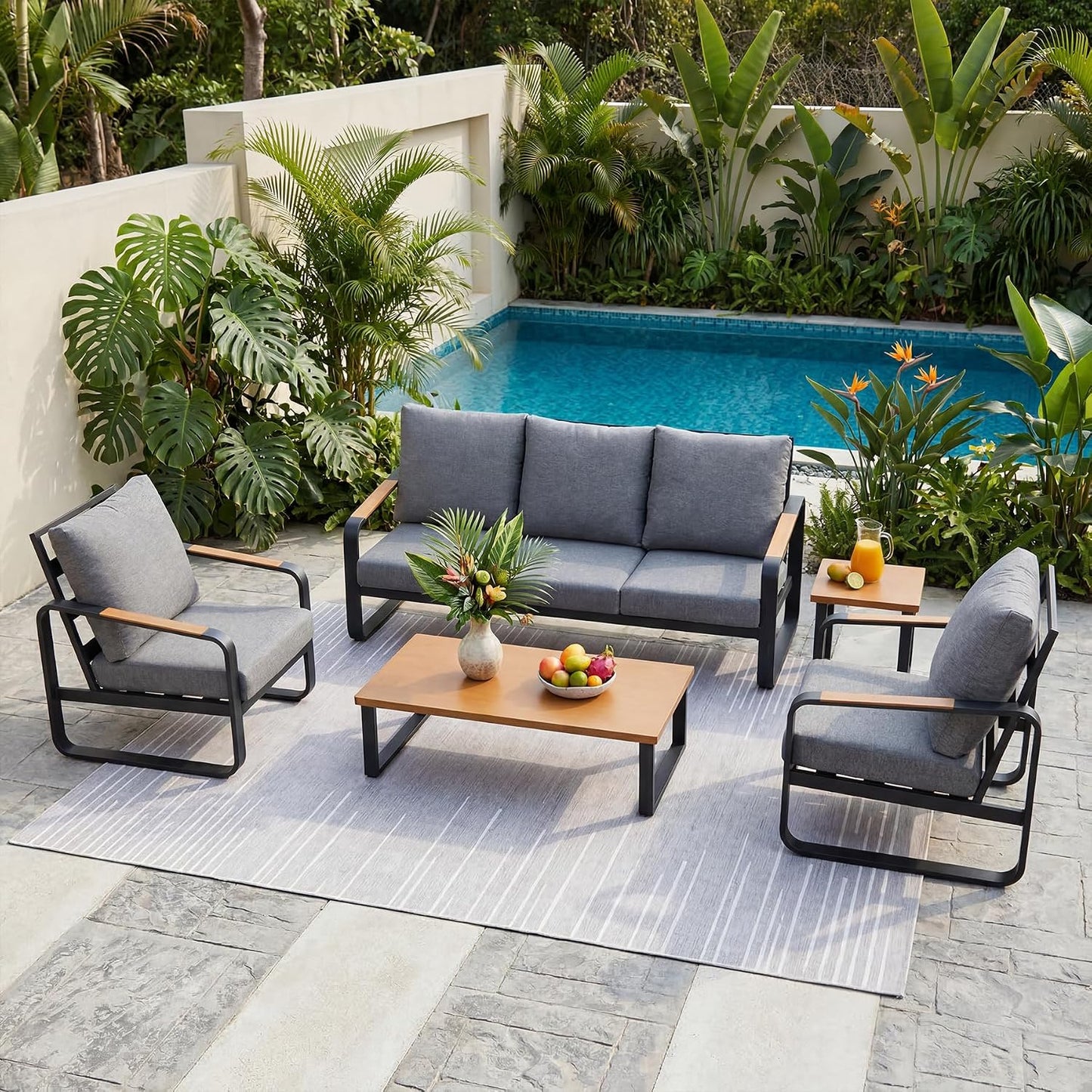 5-Piece Outdoor Patio Furniture Set with Sofa, Armchairs, Coffee Table & Side Table, Modern Metal Frame Conversation Set for Garden, Backyard & Poolside