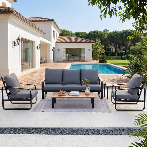 5-Piece Outdoor Patio Furniture Set with Sofa, Armchairs, Coffee Table & Side Table, Modern Metal Frame Conversation Set for Garden, Backyard & Poolside