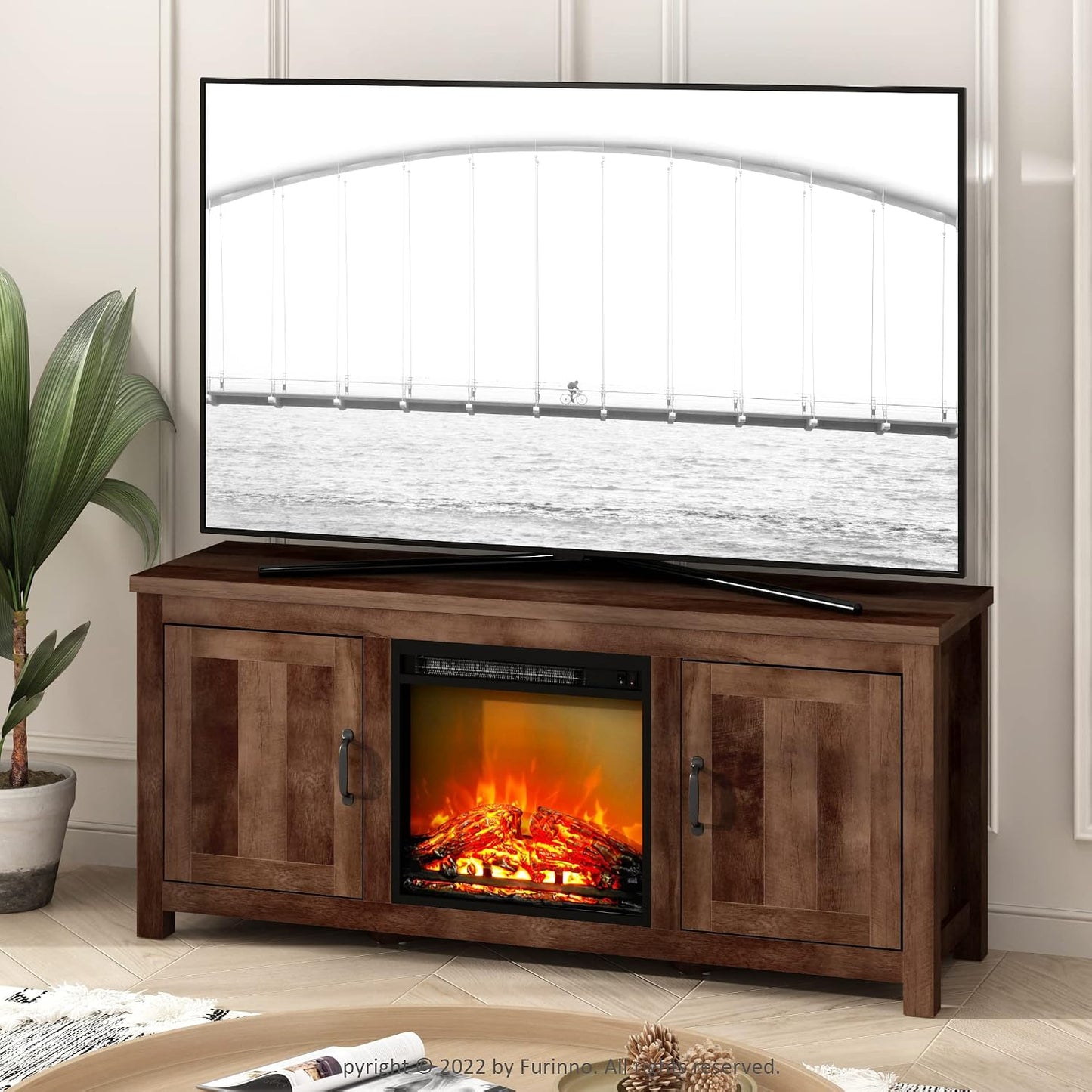 TV Stand with Electric Fireplace, Farmhouse Entertainment Center for TVs up to 60 Inch, Storage Media Console for Living Room
