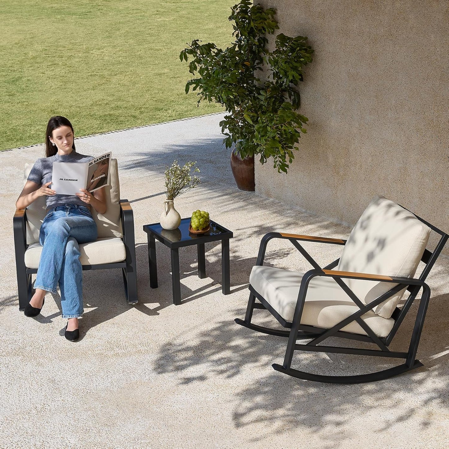 Outdoor Rocking Chair, Ergonomic Patio Rocker with Cushions, Heavy-Duty Steel Frame Rocking Chair for Balcony, Porch & Garden
