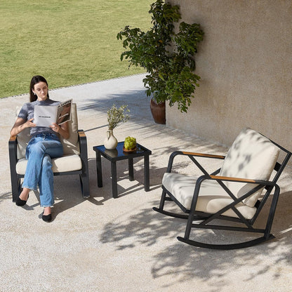 Outdoor Rocking Chair, Ergonomic Patio Rocker with Cushions, Heavy-Duty Steel Frame Rocking Chair for Balcony, Porch & Garden
