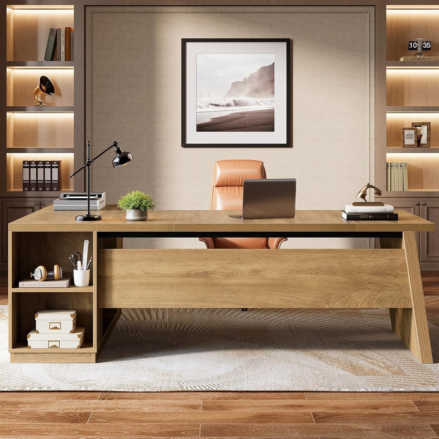 L Shaped Executive Desk with Storage Drawers, Large Office Desk with Shelves for Home Office & Workspace