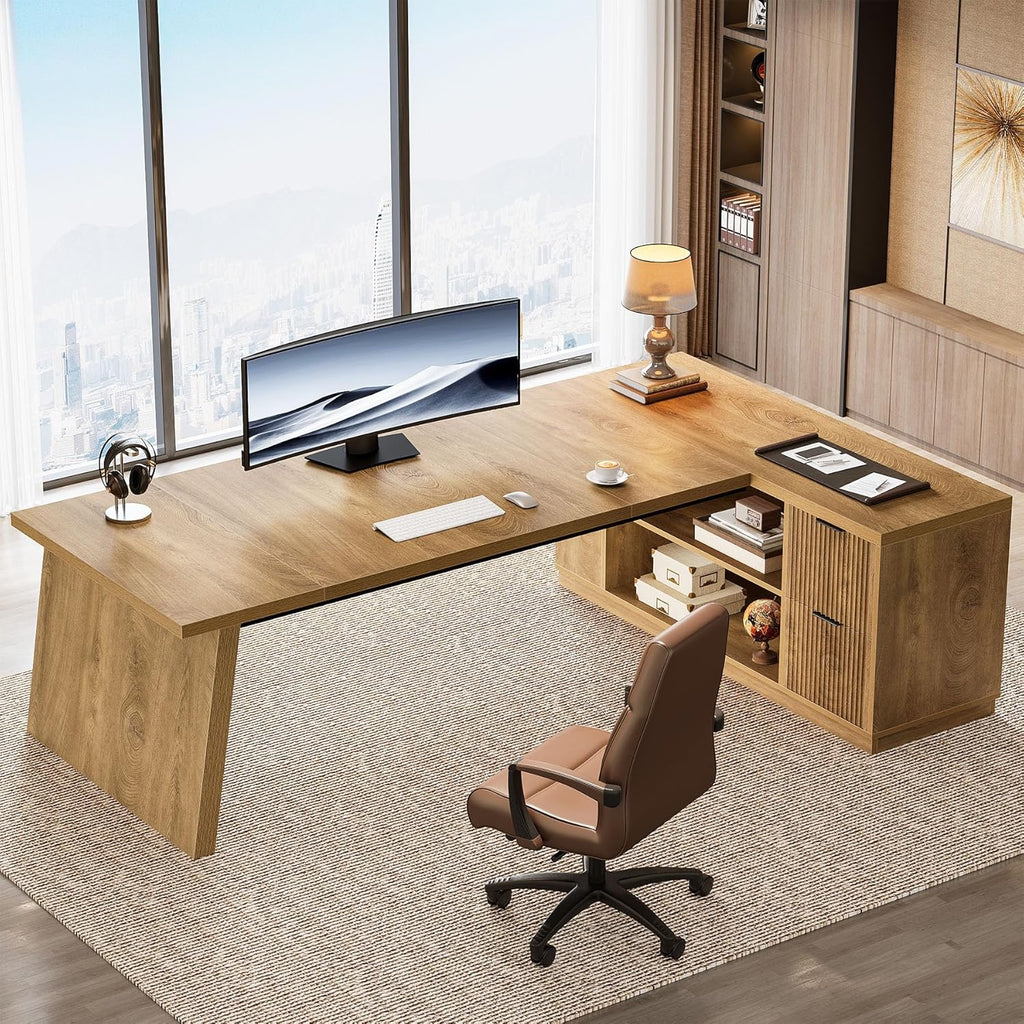 L Shaped Executive Desk with Storage Drawers, Large Office Desk with Shelves for Home Office & Workspace