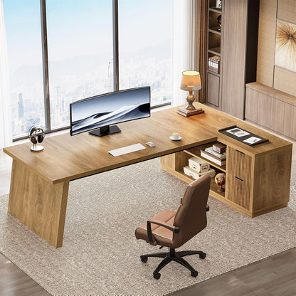 L Shaped Executive Desk with Storage Drawers, Large Office Desk with Shelves for Home Office & Workspace