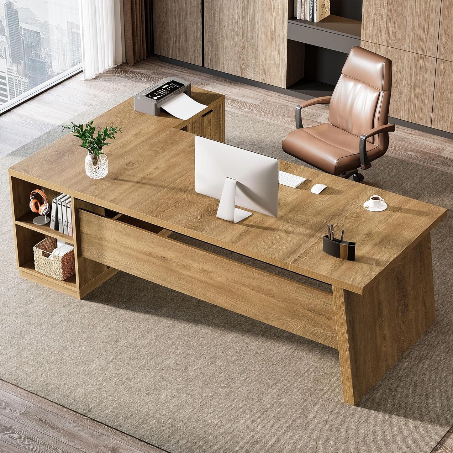 L Shaped Executive Desk with Storage Drawers, Large Office Desk with Shelves for Home Office & Workspace