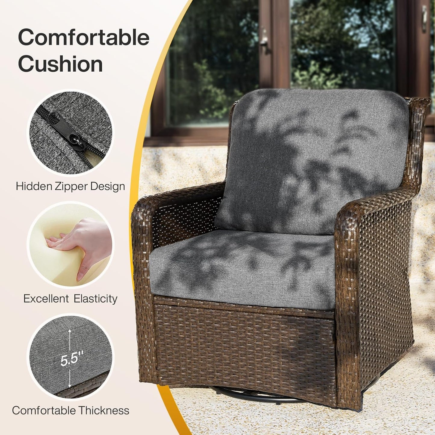 5-Piece Outdoor Patio Furniture Set with Swivel Chairs & Loveseat, Wicker Conversation Set with Coffee Table for Garden, Backyard & Poolside