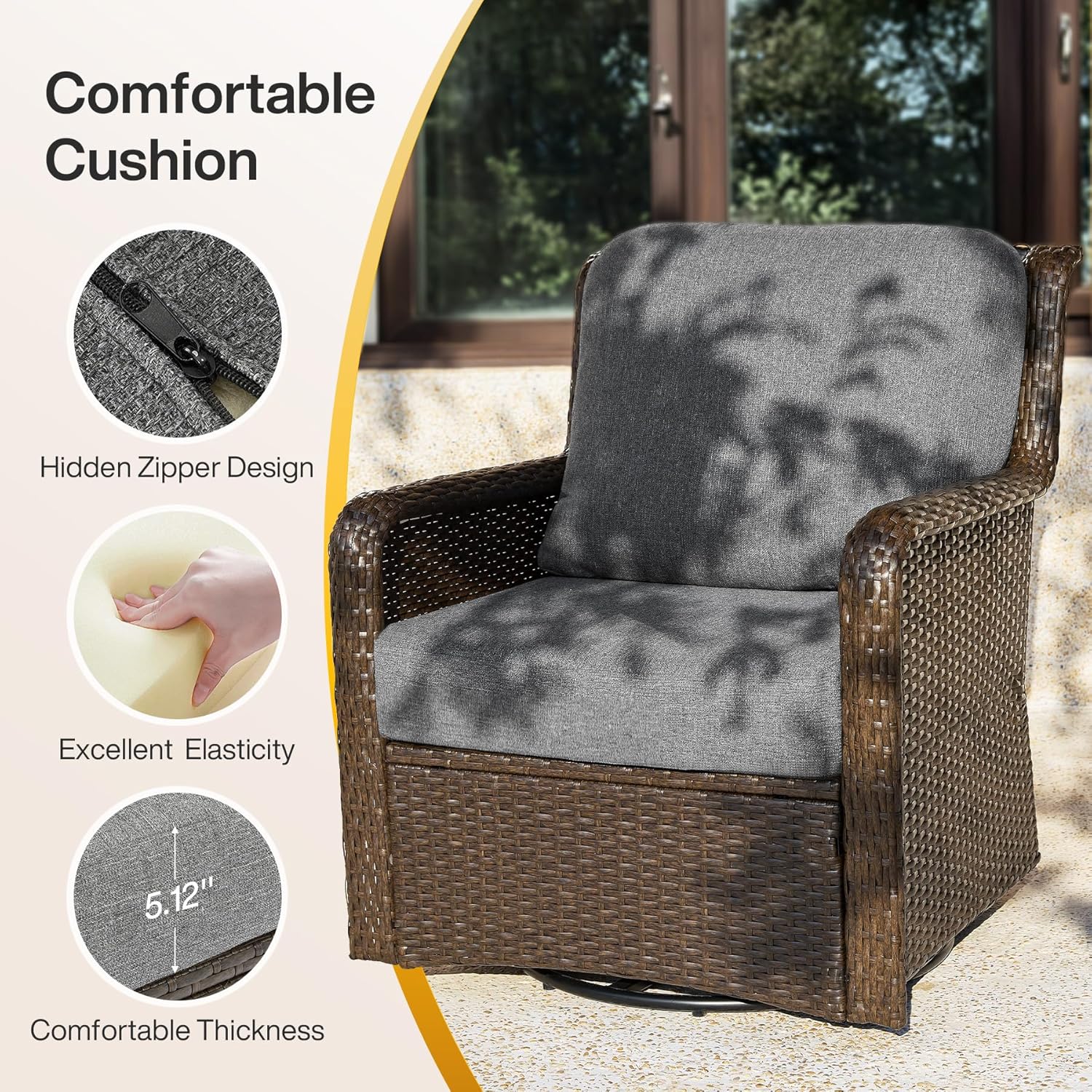 3-Piece Outdoor Patio Set with 360° Swivel Rocking Chairs & Glass Side Table, All-Weather Rattan Furniture Set for Garden, Backyard & Poolside