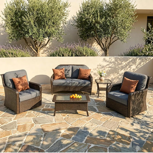 5-Piece Outdoor Patio Furniture Set with Swivel Chairs & Loveseat, Wicker Conversation Set with Coffee Table for Garden, Backyard & Poolside