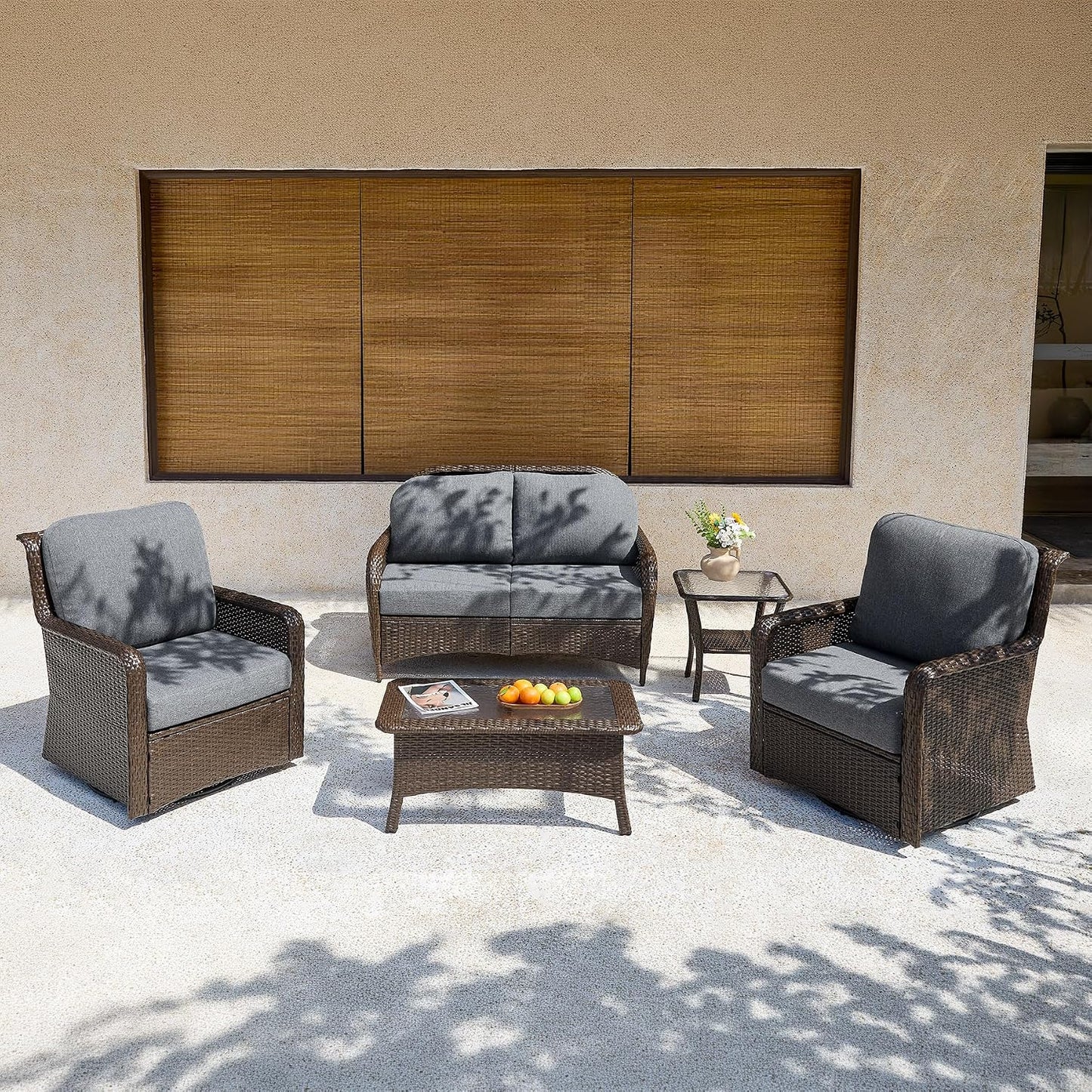 5-Piece Outdoor Patio Furniture Set with Swivel Chairs & Loveseat, Wicker Conversation Set with Coffee Table for Garden, Backyard & Poolside