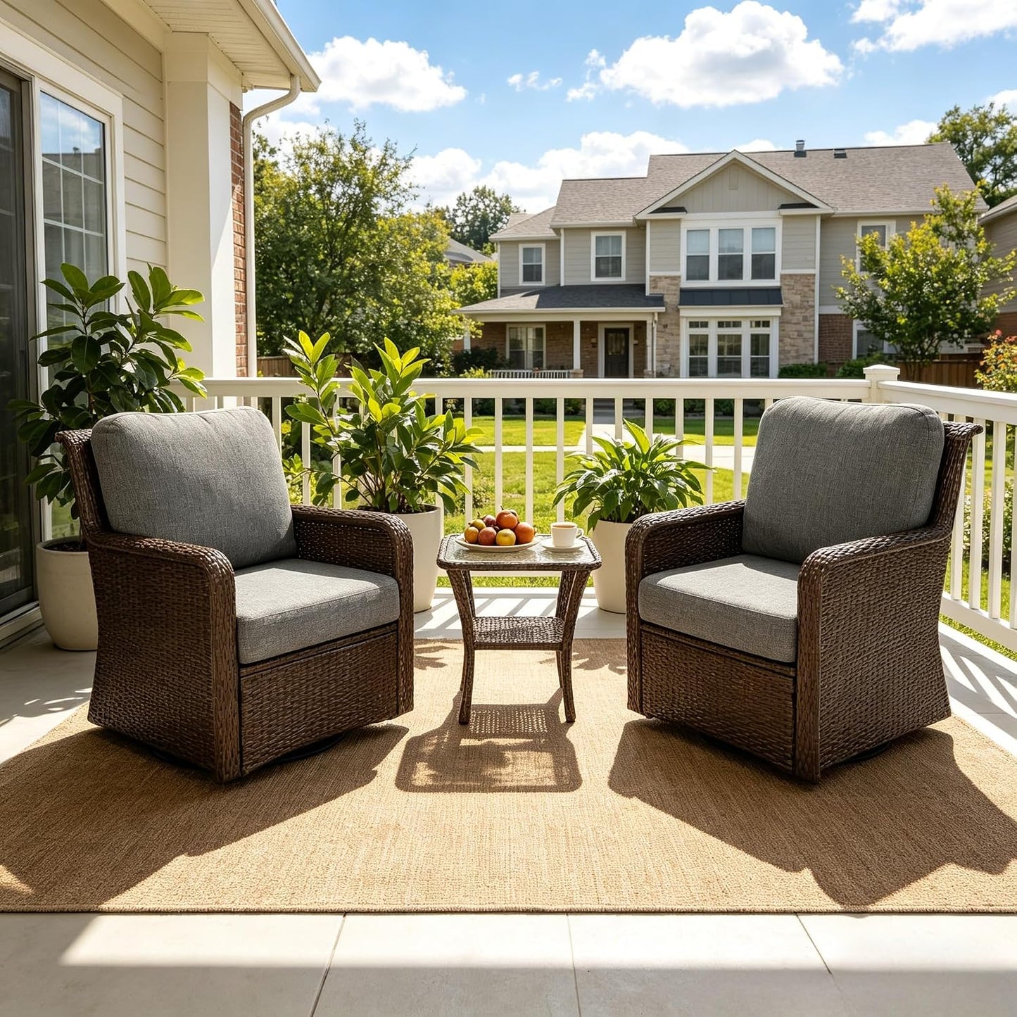 3-Piece Outdoor Patio Set with 360° Swivel Rocking Chairs & Glass Side Table, All-Weather Rattan Furniture Set for Garden, Backyard & Poolside