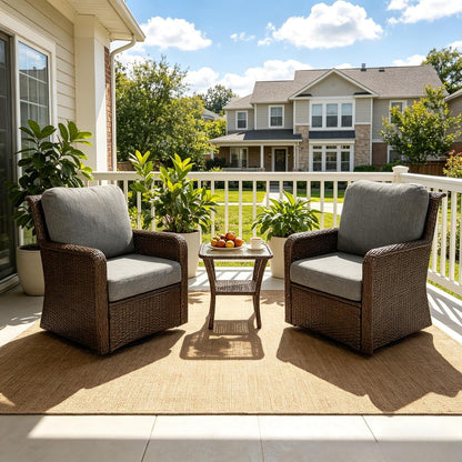 3-Piece Outdoor Patio Set with 360° Swivel Rocking Chairs & Glass Side Table, All-Weather Rattan Furniture Set for Garden, Backyard & Poolside