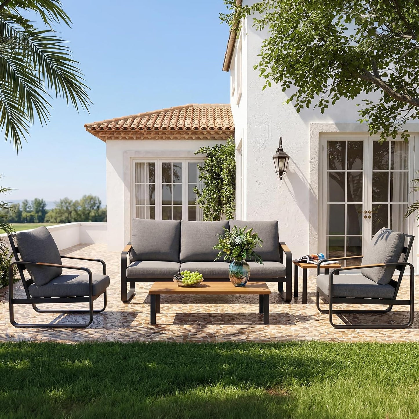5-Piece Outdoor Patio Furniture Set with Sofa, Armchairs, Coffee Table & Side Table, Modern Metal Frame Conversation Set for Garden, Backyard & Poolside