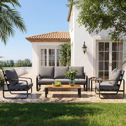 5-Piece Outdoor Patio Furniture Set with Sofa, Armchairs, Coffee Table & Side Table, Modern Metal Frame Conversation Set for Garden, Backyard & Poolside