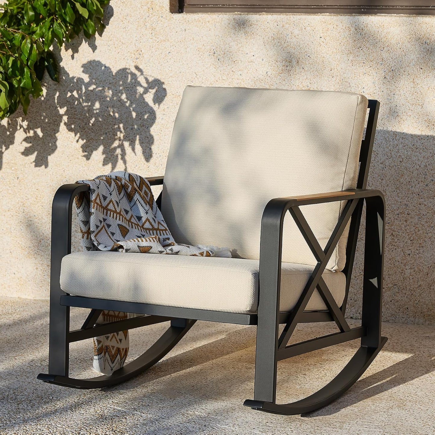 Outdoor Rocking Chair, Ergonomic Patio Rocker with Cushions, Heavy-Duty Steel Frame Rocking Chair for Balcony, Porch & Garden