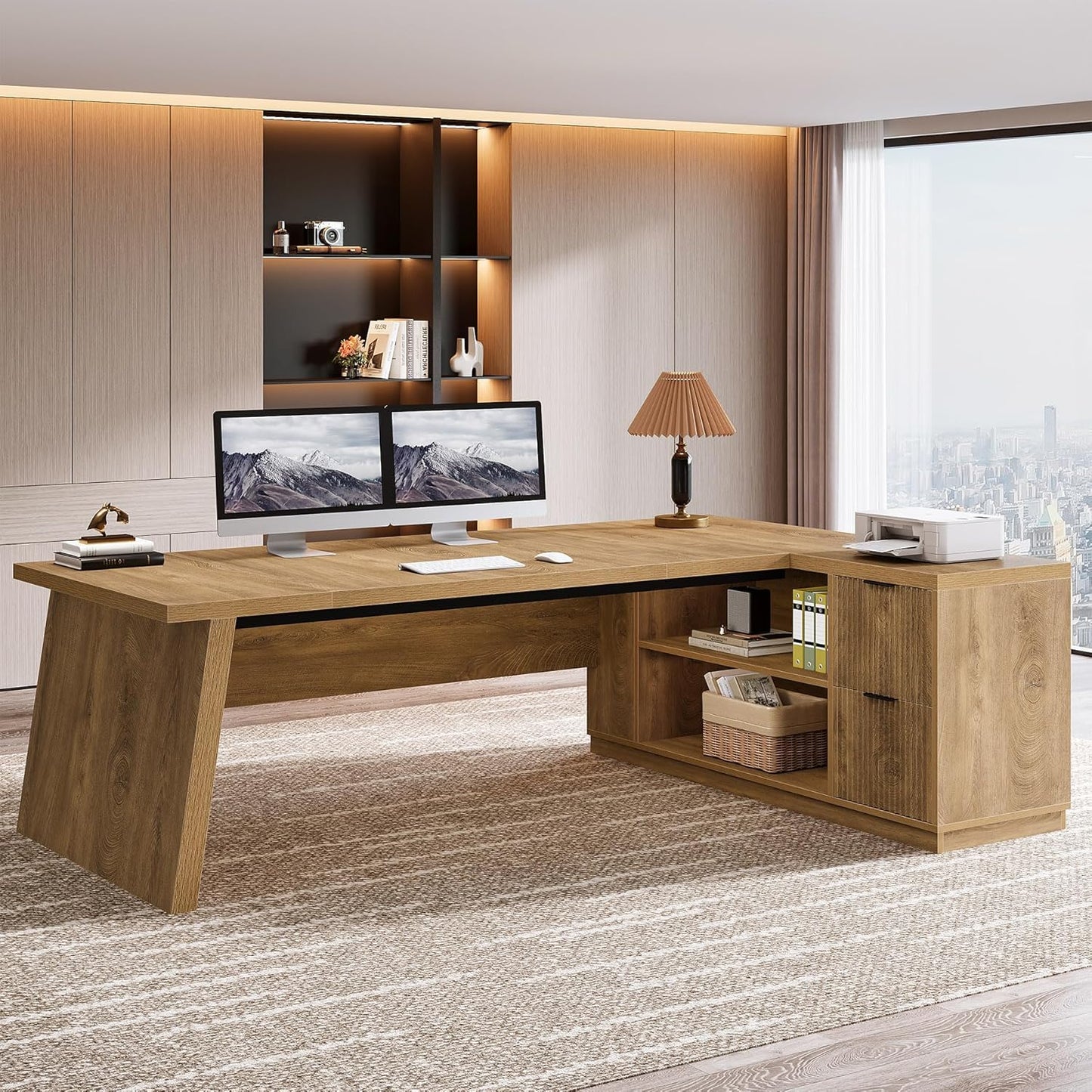 L Shaped Executive Desk with Storage Drawers, Large Office Desk with Shelves for Home Office & Workspace