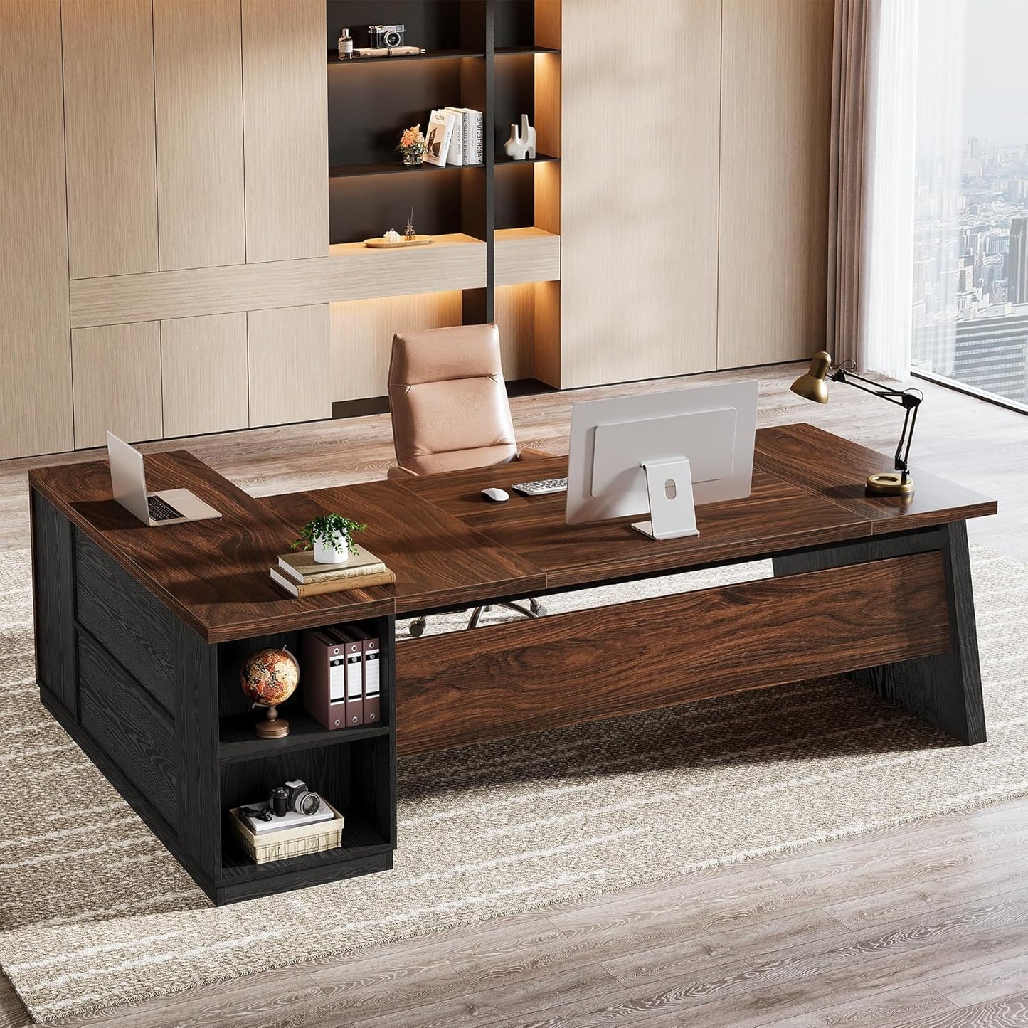 L Shaped Executive Desk with Storage Drawers, Large Office Desk with Shelves for Home Office & Workspace