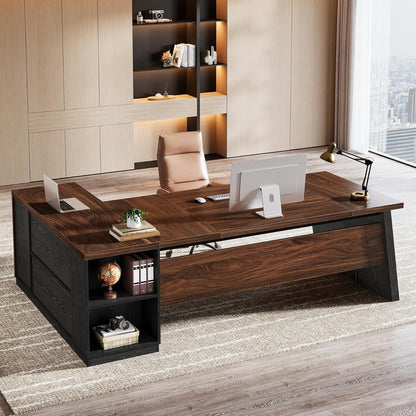 L Shaped Executive Desk with Storage Drawers, Large Office Desk with Shelves for Home Office & Workspace