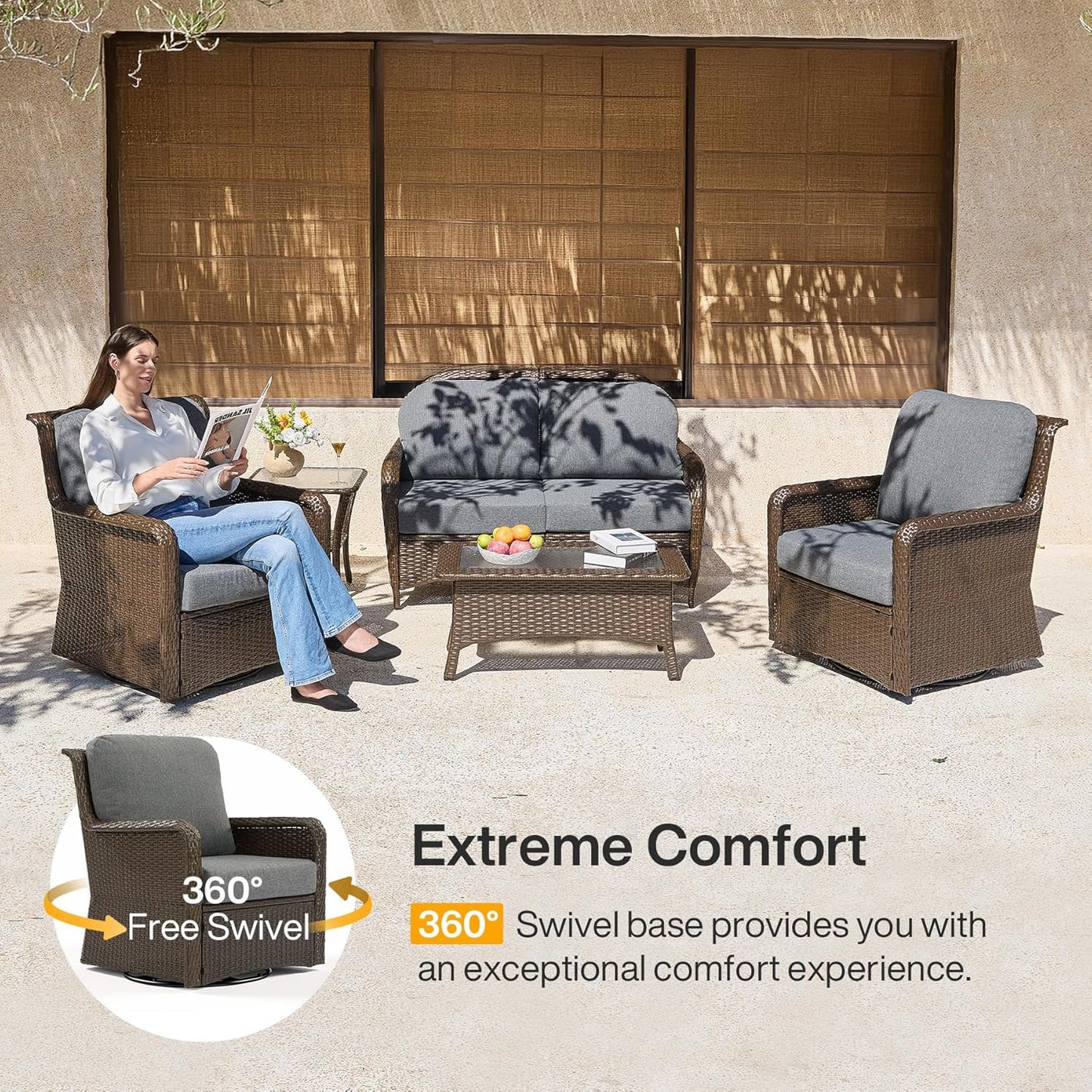5-Piece Outdoor Patio Furniture Set with Swivel Chairs & Loveseat, Wicker Conversation Set with Coffee Table for Garden, Backyard & Poolside