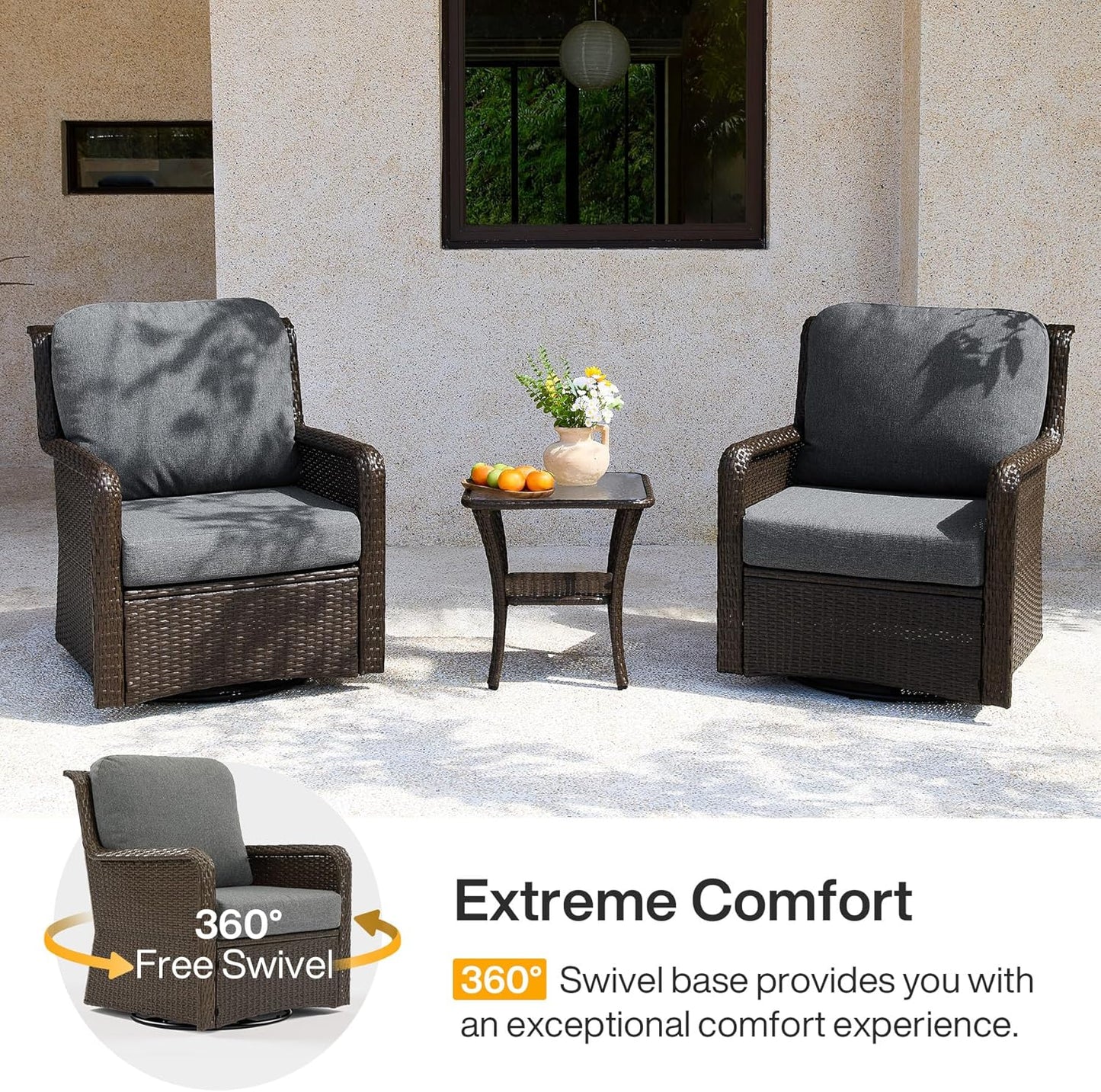 3-Piece Outdoor Patio Set with 360° Swivel Rocking Chairs & Glass Side Table, All-Weather Rattan Furniture Set for Garden, Backyard & Poolside