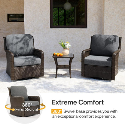 3-Piece Outdoor Patio Set with 360° Swivel Rocking Chairs & Glass Side Table, All-Weather Rattan Furniture Set for Garden, Backyard & Poolside